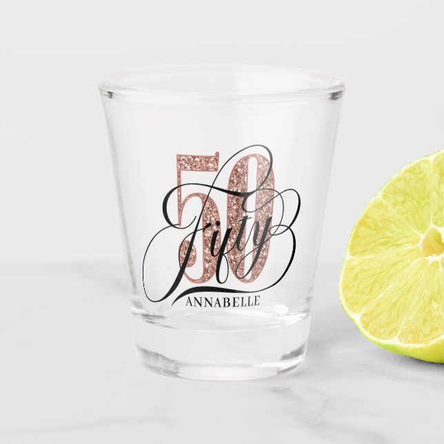Rose Gold Glitter 50th Birthday Typography Shot Glass (Front)