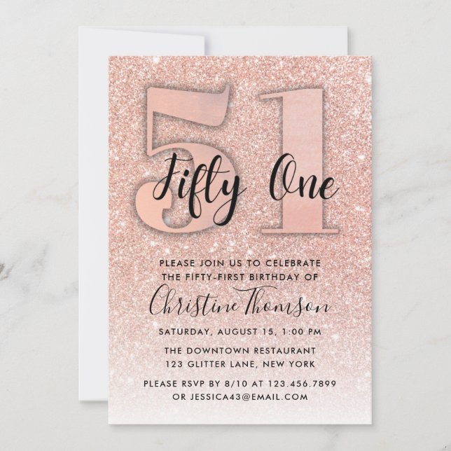 Rose Gold Glitter 51st Birthday Invitation (Front)