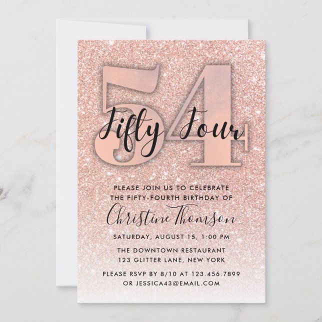 Rose Gold Glitter 54th Birthday Invitation (Front)