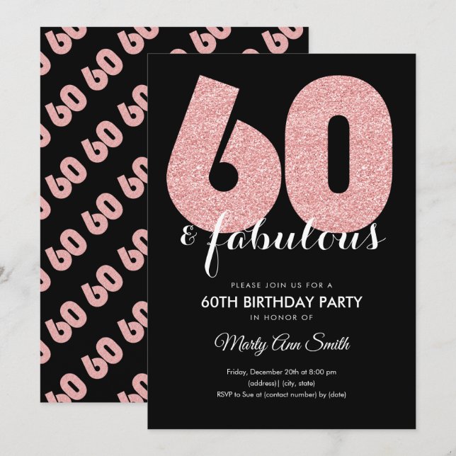 Rose Gold Glitter 60 & Fabulous Birthday Party Invitation (Front/Back)