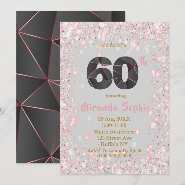 Rose Gold Glitter 60th Birthday Invitations  (Front/Back)