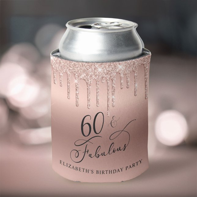 Rose Gold Glitter 60th Birthday Party Can Cooler (Toast to her 50 years of sparkle with an elegant rose gold glitter can cooler  🎉 🎂 🥂)