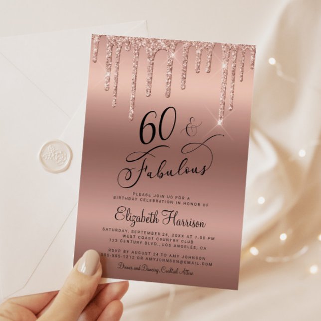 Rose Gold Glitter 60th Birthday Party Invitation (Celebrate her 60 years of sparkle with an elegant rose gold glitter birthday party invitation  🎉 🎂)