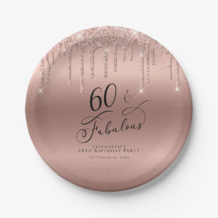 Rose Gold Glitter 60th Birthday Party Paper Plate
