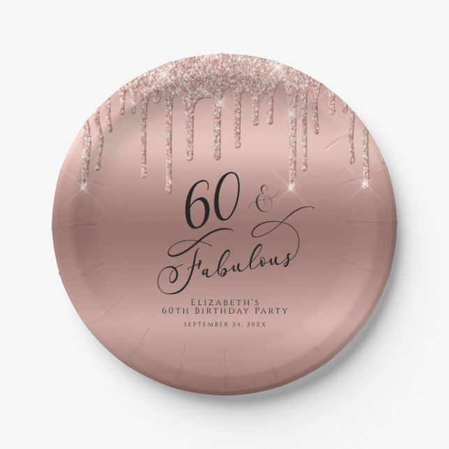 Rose Gold Glitter 60th Birthday Party Paper Plate (Front)