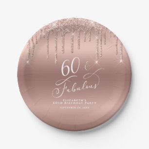 Rose Gold Glitter 60th Birthday Party Paper Plate