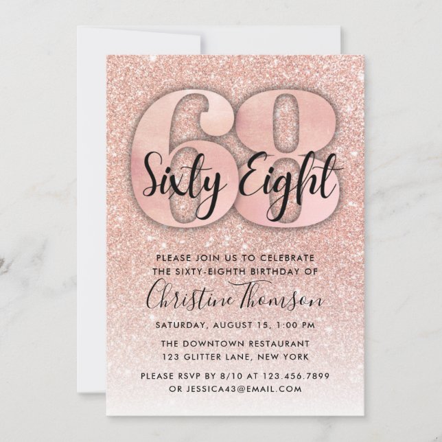 Rose Gold Glitter 68th Birthday Invitation (Front)