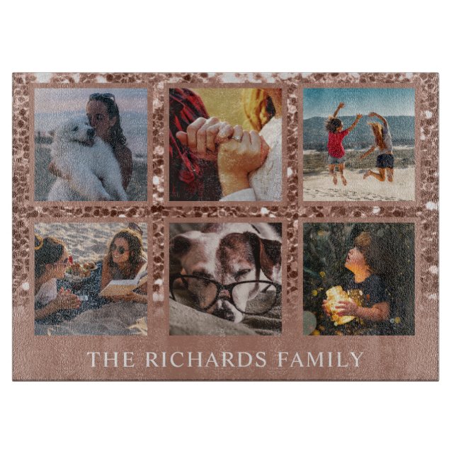 Rose Gold Glitter 6 Photo Collage Family Name Cutt Cutting Board (Front)