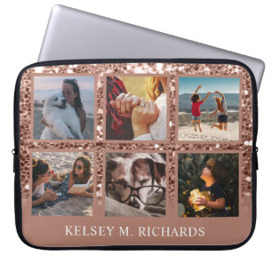 Rose Gold Glitter 6 Photo Collage with Name Laptop Sleeve
