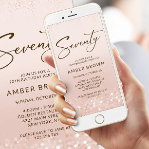 Rose Gold Glitter 70th Birthday Mobile Invite