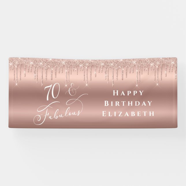 Rose Gold Glitter 70th Birthday Party Banner (Horizontal)