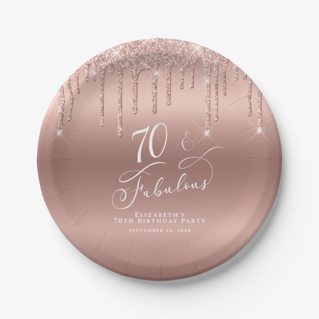 Rose Gold Glitter 70th Birthday Party Paper Plate (Front)