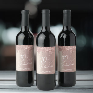 Rose Gold Glitter 70th Birthday Party Wine Label
