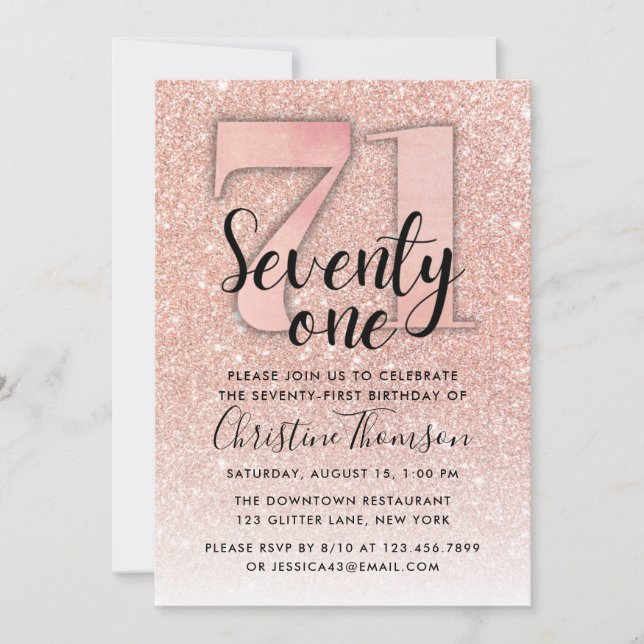Rose Gold Glitter 71st Birthday Invitation (Front)