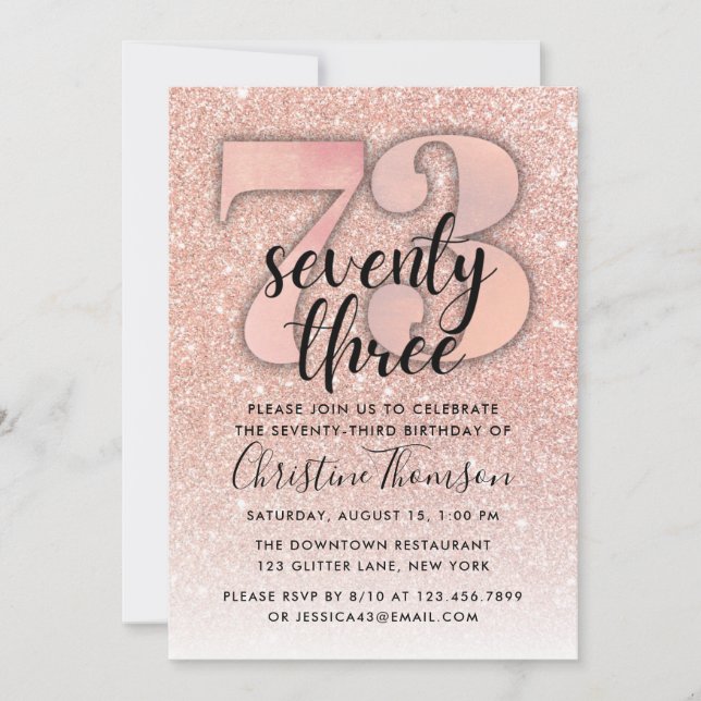 Rose Gold Glitter 73rd Birthday Invitation (Front)