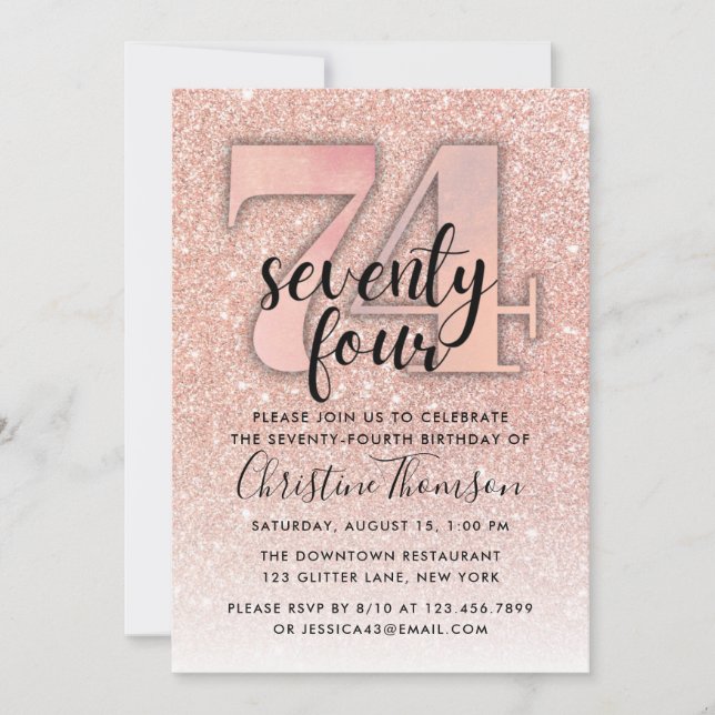 Rose Gold Glitter 74th Birthday Invitation (Front)