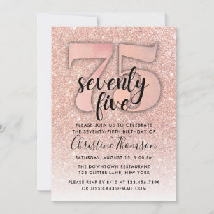 Rose Gold Glitter 75th Birthday Invitation