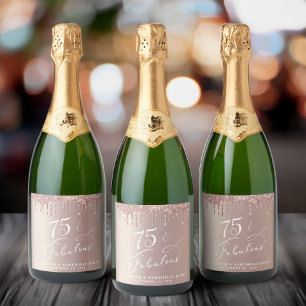 Rose Gold Glitter 75th Birthday Party Sparkling Wine Label