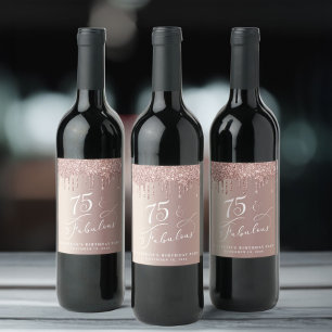 Rose Gold Glitter 75th Birthday Party Wine Label
