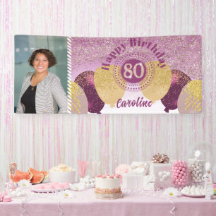 Rose Gold Glitter 80th Birthday & Balloons  Banner