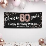 Rose Gold Glitter 80th Birthday Banner<br><div class="desc">Elegant eightieth birthday party banner featuring a stylish black background that can be changed to any colour,  rose gold sparkly glitter,  eighty rose gold hellium balloons,  and a modern 80th birthday celebration text template that is easy to personalise.</div>