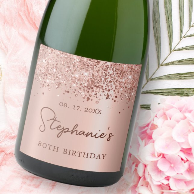 Rose Gold Glitter 80th Birthday Monogram Script Sparkling Wine Label (Creator Uploaded)