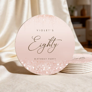Rose Gold Glitter 80th Birthday Party Round Paper Coaster
