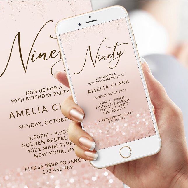 Rose Gold Glitter 90th Birthday Mobile Invitation (Rose Gold Glitter 90th Birthday Mobile Invitation)