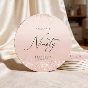 Rose Gold Glitter 90th Birthday Party Round Paper Coaster