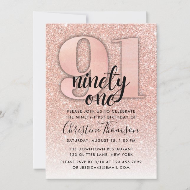 Rose Gold Glitter 91st Birthday Invitation (Front)