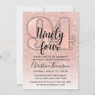 Rose Gold Glitter 94th Birthday Invitation
