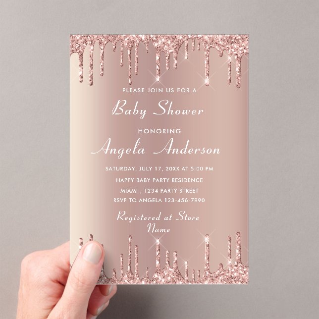 Rose Gold Glitter Acrylic Baby Shower Invitation (Insitu (Handheld))