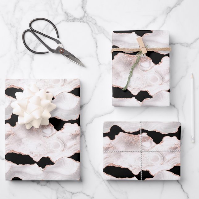 Rose Gold Glitter Agate Black White Swirl  Wrapping Paper Sheet (Front)
