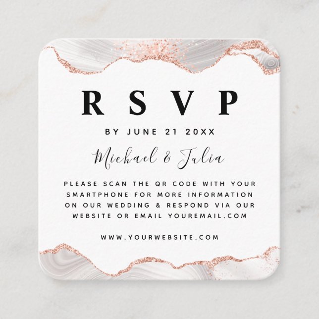 Rose Gold Glitter Agate Glam QR Code Wedding RSVP Enclosure Card (Front)
