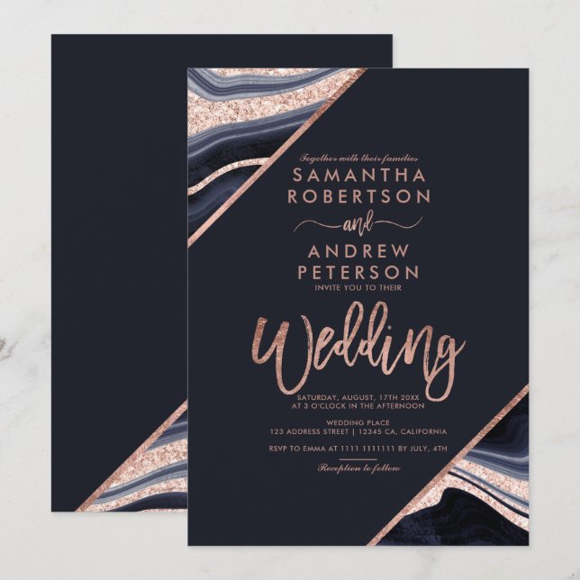 Rose gold glitter agate marble typography wedding invitation (Front/Back)