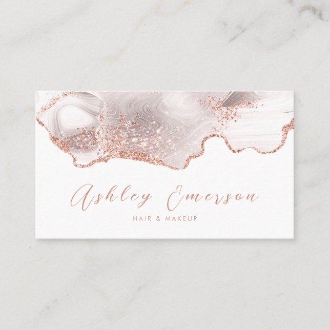 Rose Gold Glitter Agate White Business Card (Front)
