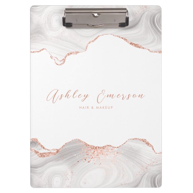 Rose Gold Glitter Agate White Clipboard (Front)
