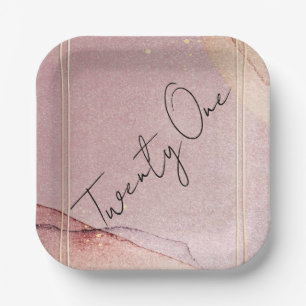Rose Gold Glitter Alcohol Ink 21st Birthday Party Paper Plate