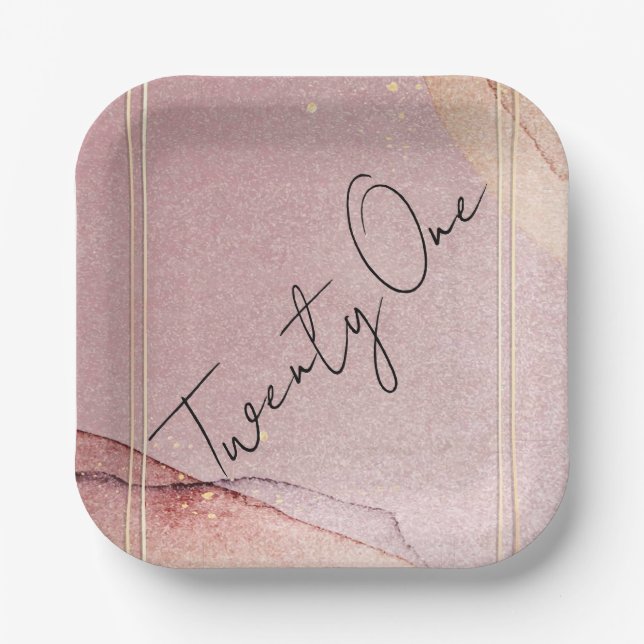 Rose Gold Glitter Alcohol Ink 21st Birthday Party Paper Plate (Front)
