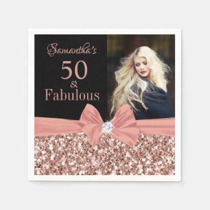 Rose Gold Glitter and Black 50th Birthday photo Napkin