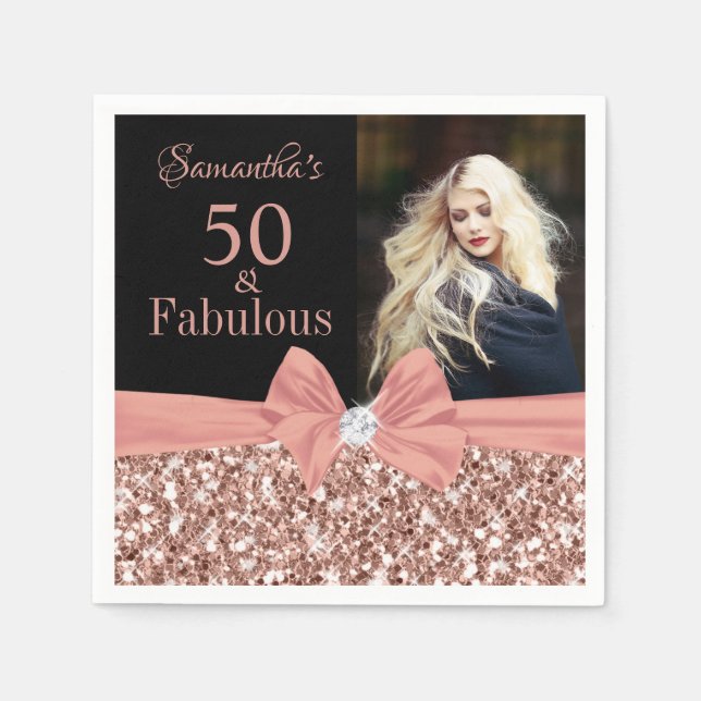 Rose Gold Glitter and Black 50th Birthday photo Napkin (Front)