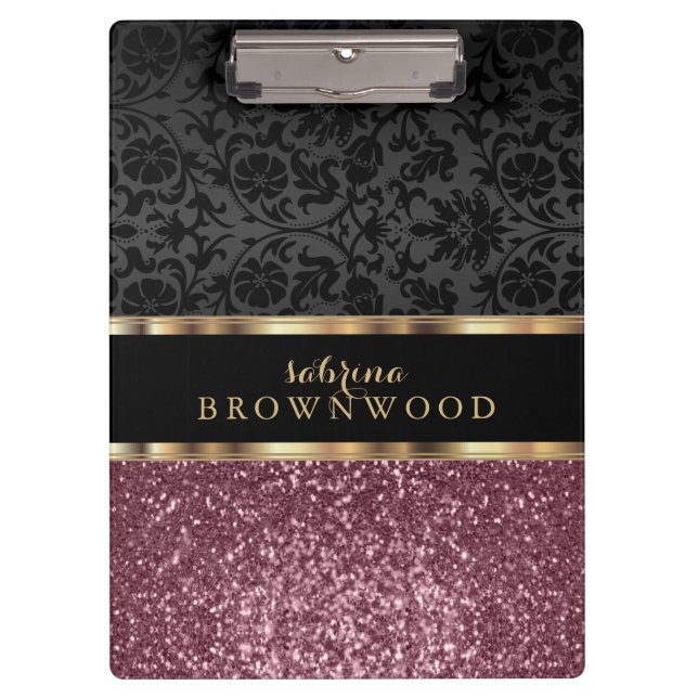 Rose Gold Glitter and Black Damask Clipboard (Front)