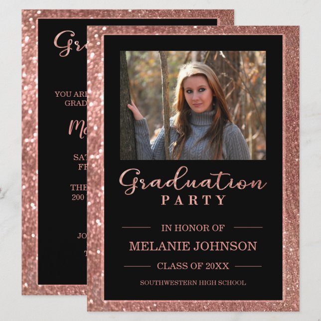 Rose Gold Glitter and Black Graduation Invitation (Front/Back)