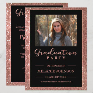 Rose Gold Glitter and Black Graduation Invitation