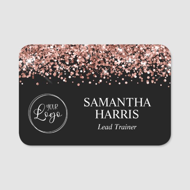 Rose Gold Glitter and Black Logo Name Tag (Front)
