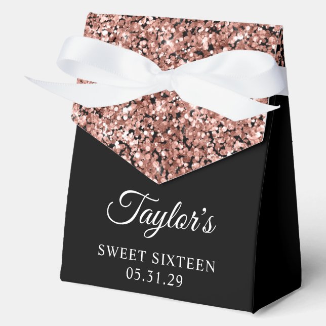 Rose Gold Glitter and Black Sweet Sixteen Favour Box (Front)