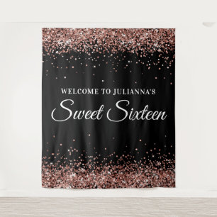 Rose Gold Glitter and Black Sweet Sixteen Welcome Tapestry