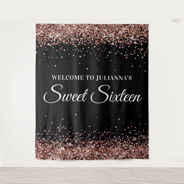 Rose Gold Glitter and Black Sweet Sixteen Welcome Tapestry (Front)