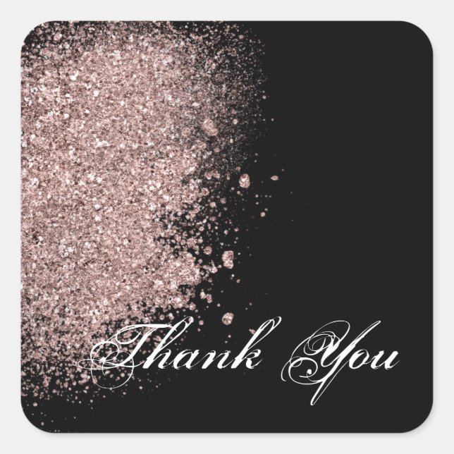 Rose Gold Glitter and Black Thank You Square Sticker (Front)