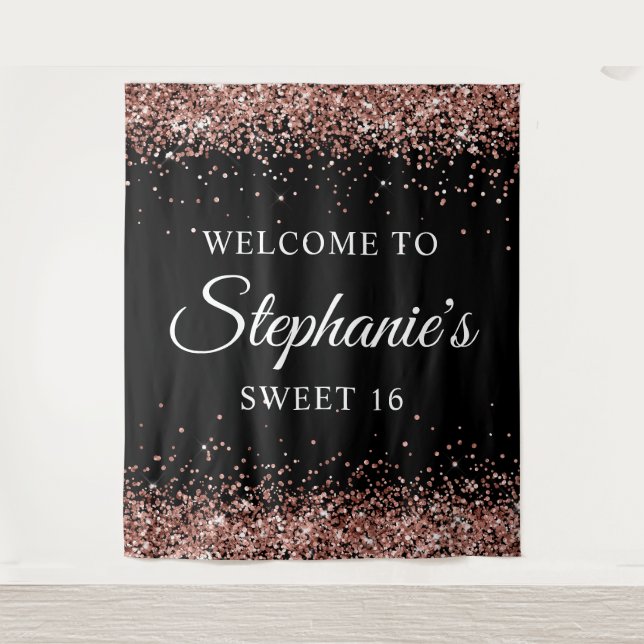 Rose Gold Glitter and Black Welcome to Sweet 16 Tapestry (Front)